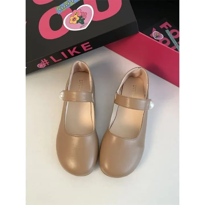 Adhesive Strap Plain Faux Pearl Accent Mary Jane Flats