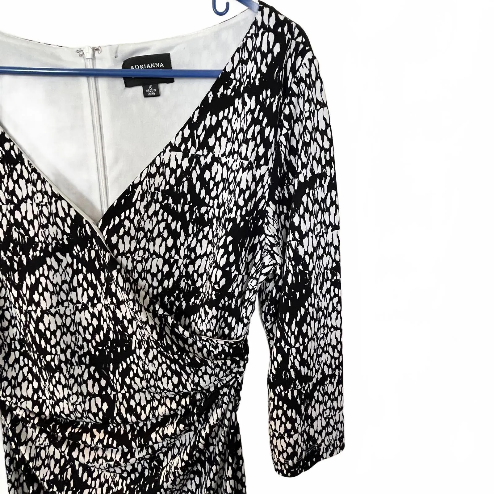 Adrianna Papell Black and White Wrap Dress 3/4 Sleeve Size 10