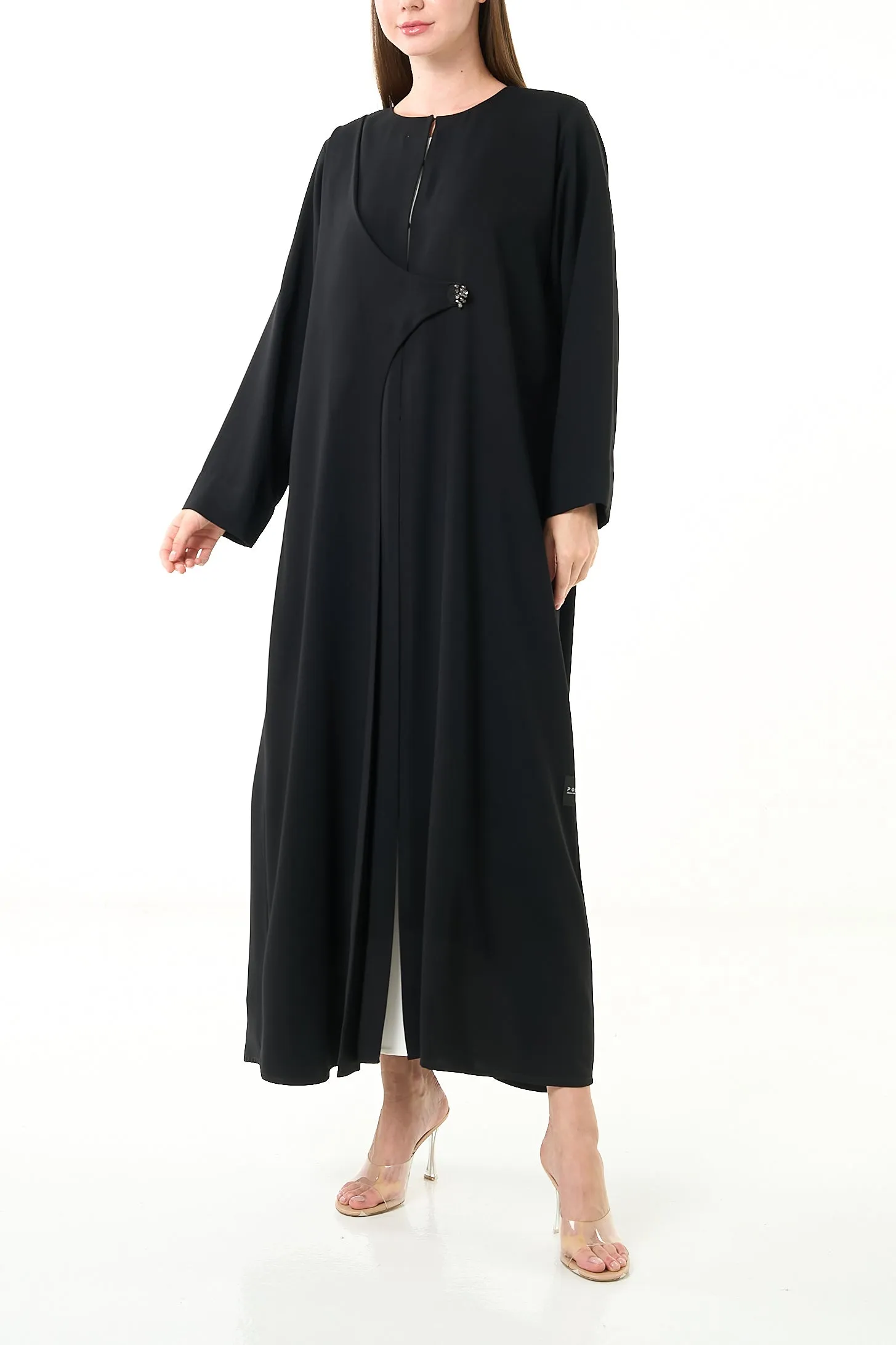 Black Farah Crepe Abaya with Asymmetrical Closure