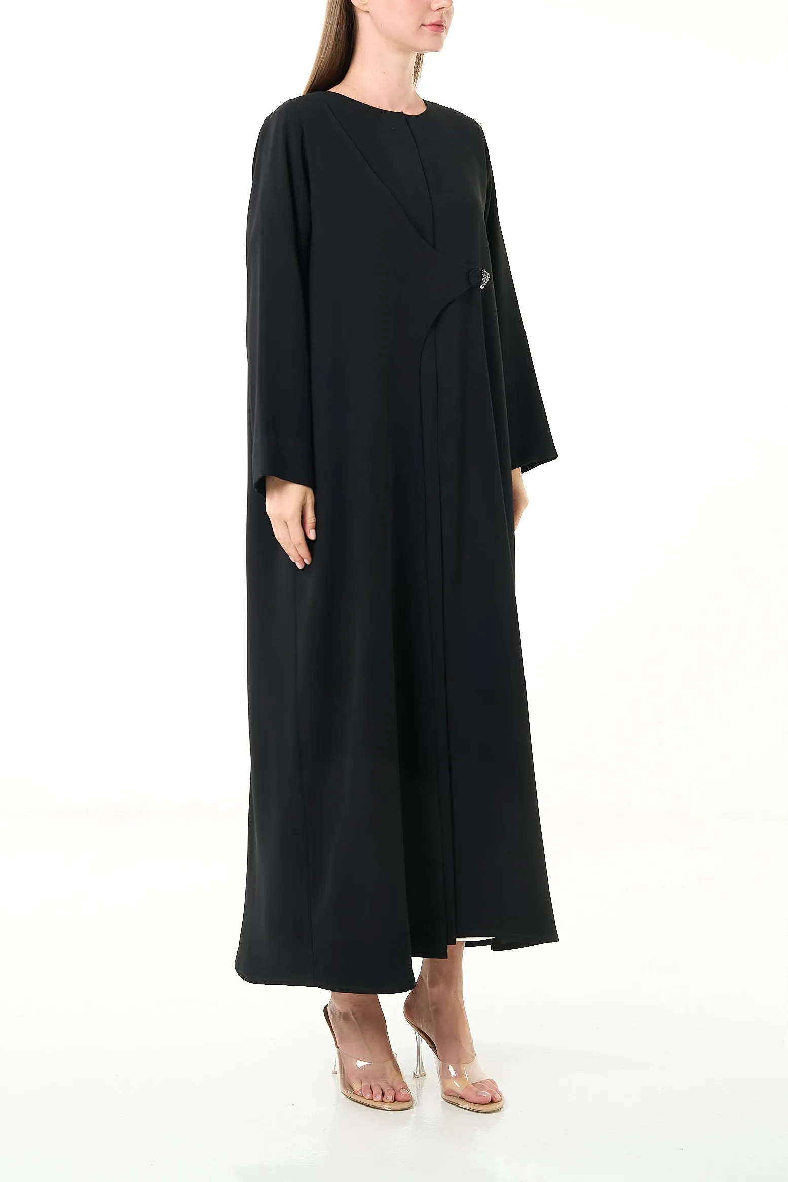 Black Farah Crepe Abaya with Asymmetrical Closure