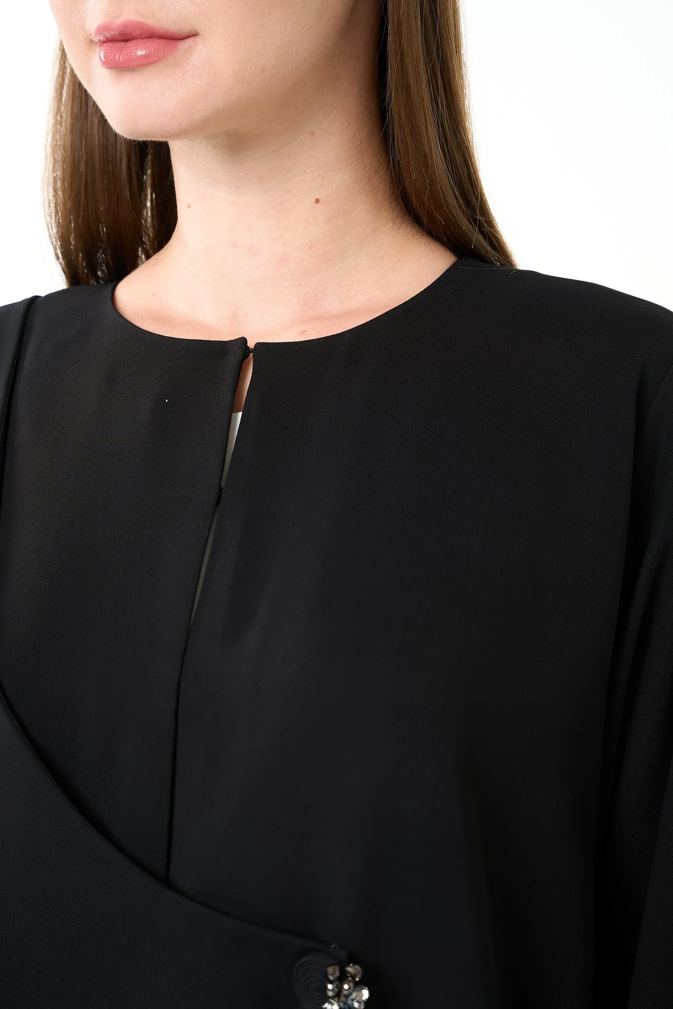 Black Farah Crepe Abaya with Asymmetrical Closure