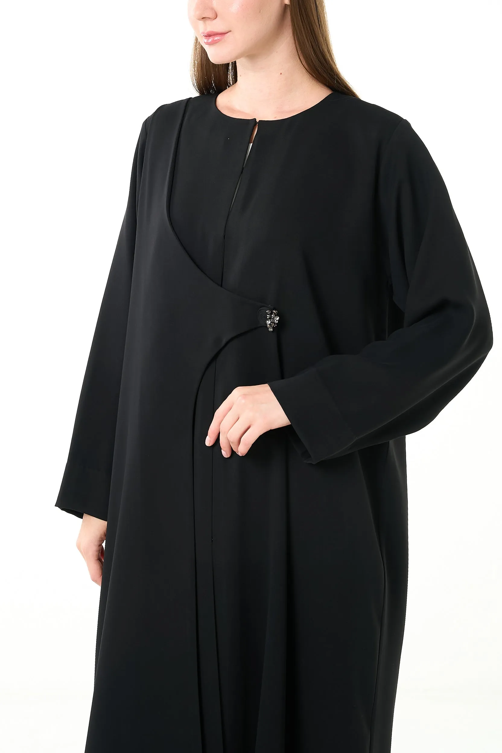 Black Farah Crepe Abaya with Asymmetrical Closure