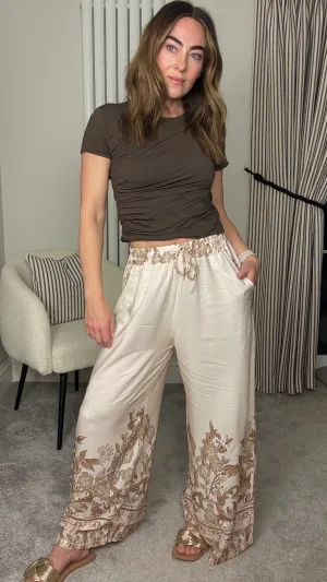 BROWN PATTERN WIDE LEG ELASTICATED WAIST TROUSERS