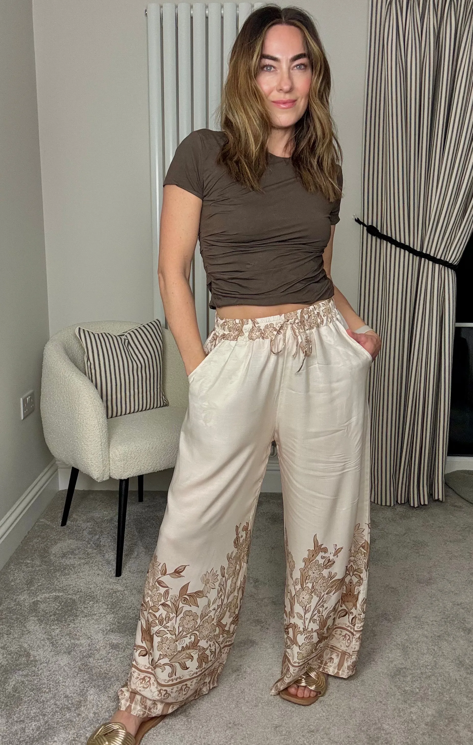 BROWN PATTERN WIDE LEG ELASTICATED WAIST TROUSERS