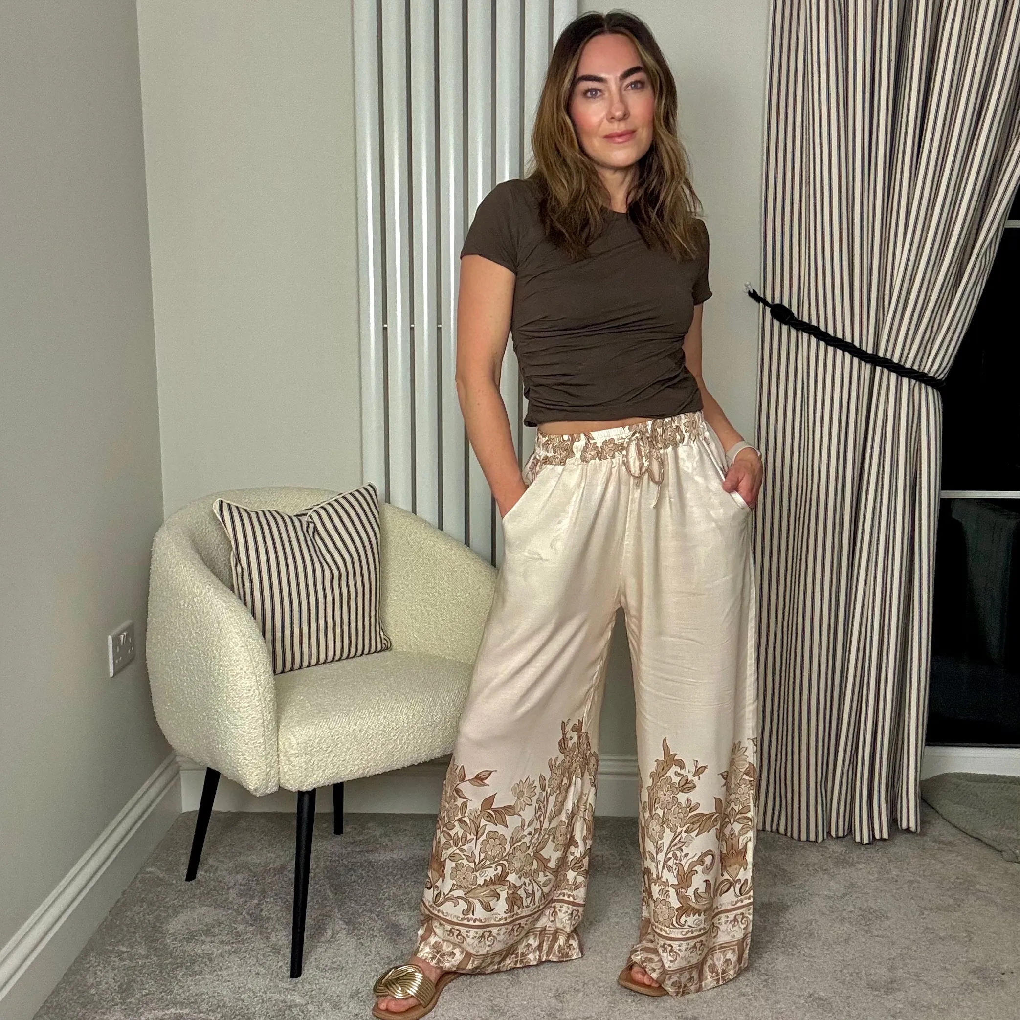 BROWN PATTERN WIDE LEG ELASTICATED WAIST TROUSERS