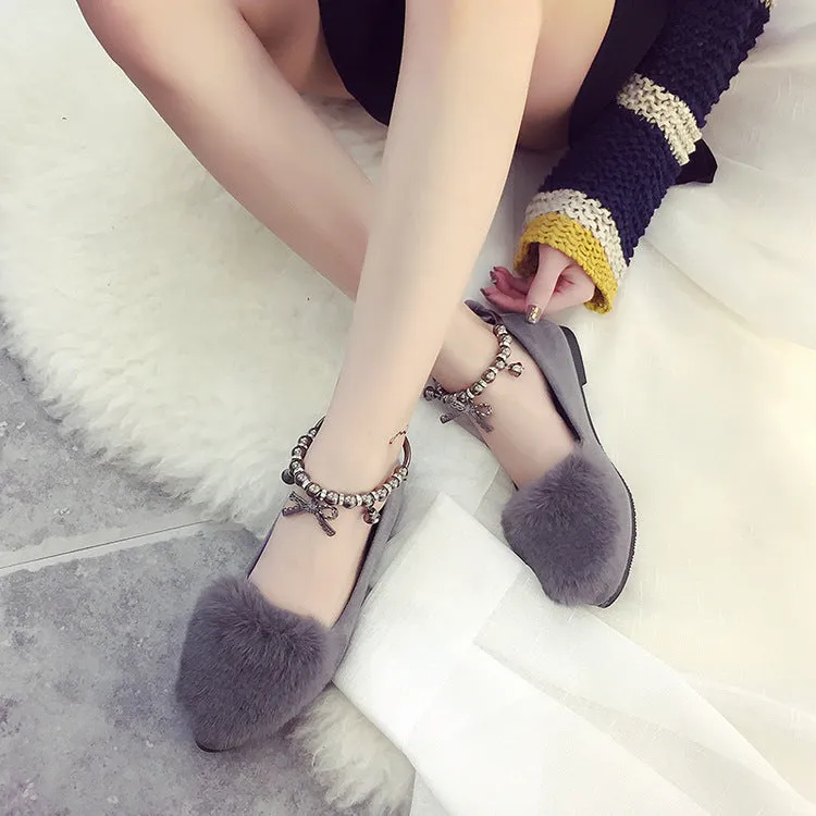 Faux Fur Round Toe Ankle Beads Wrap Flats