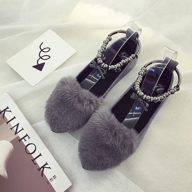 Faux Fur Round Toe Ankle Beads Wrap Flats