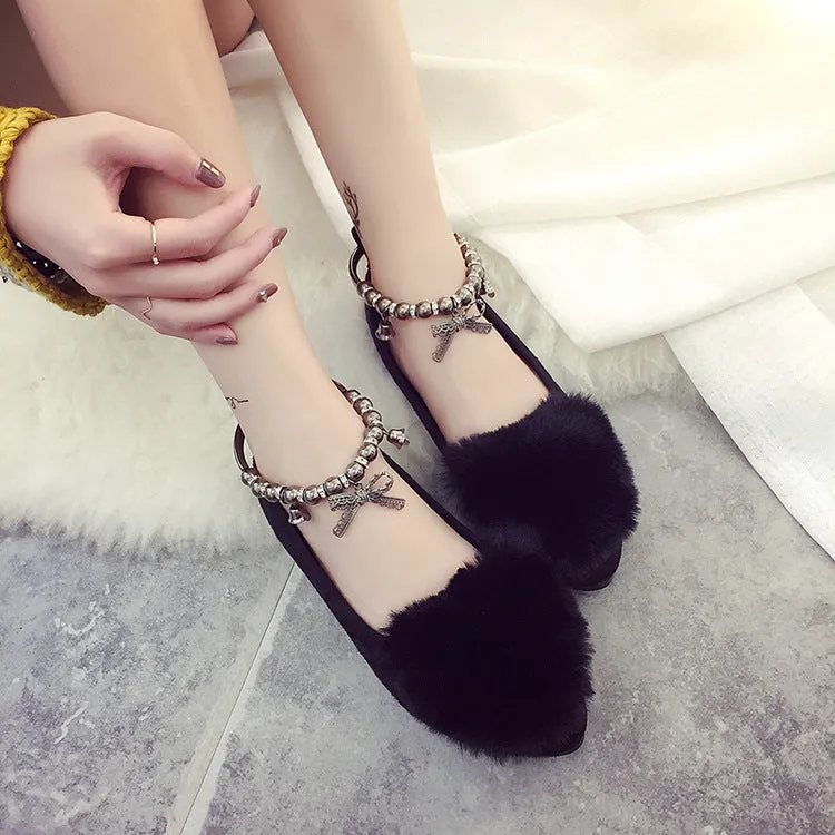 Faux Fur Round Toe Ankle Beads Wrap Flats