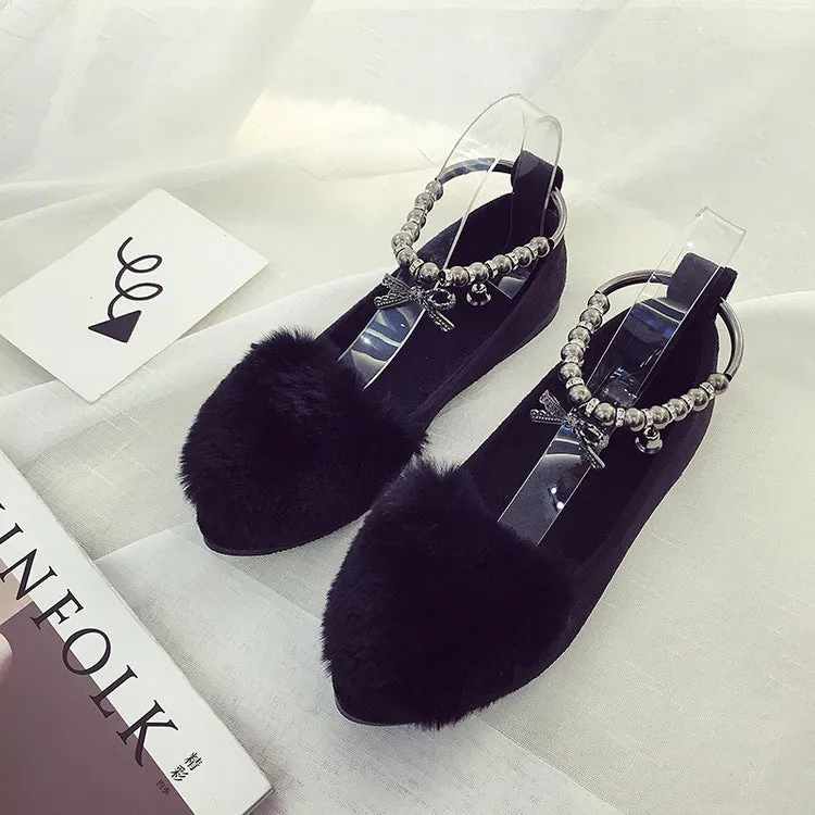 Faux Fur Round Toe Ankle Beads Wrap Flats