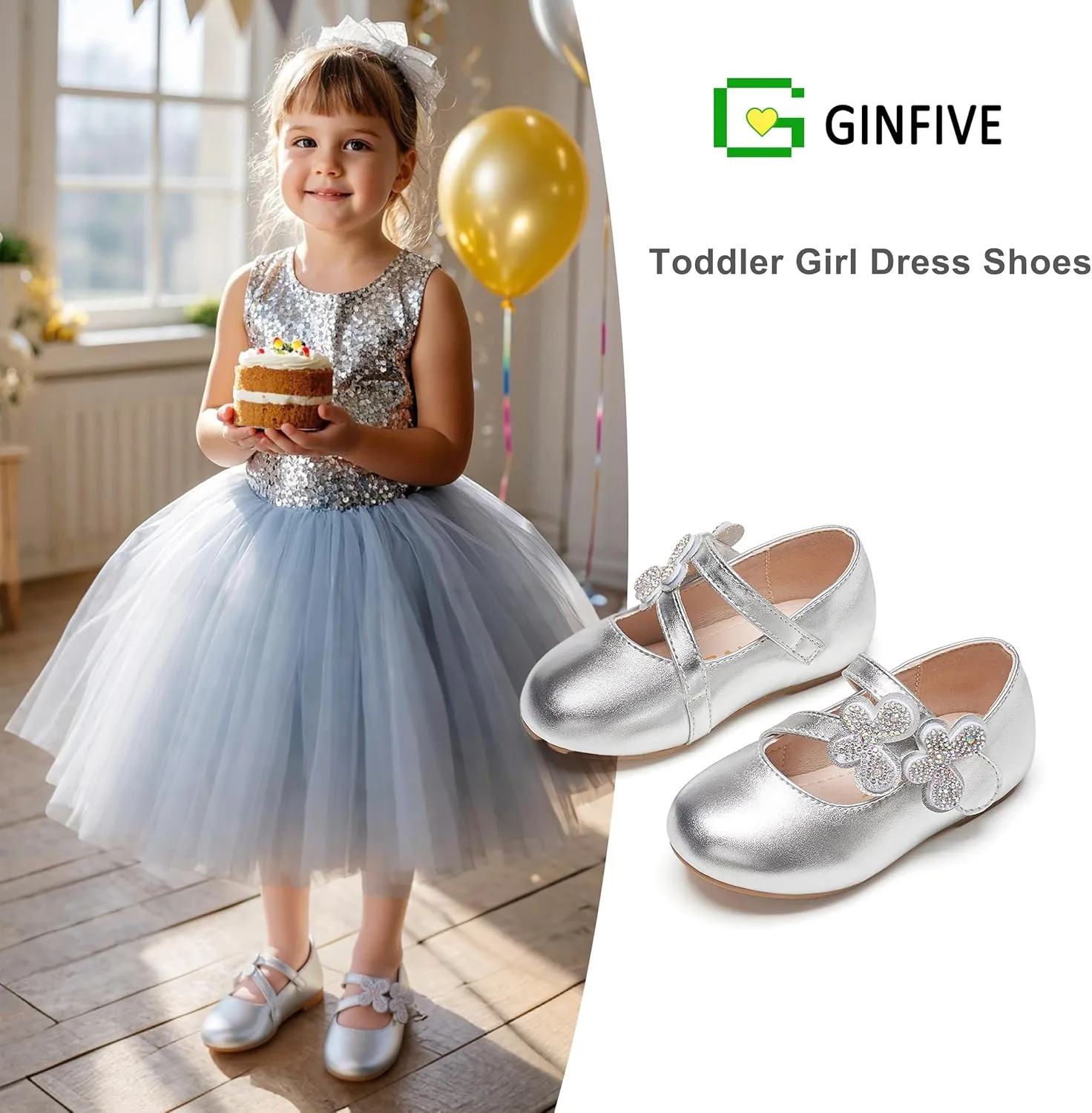 GINFIVE Toddler Girls Mary-Jane Little Girls Slip On Shoes Glitter Ballerina Flats Toddler