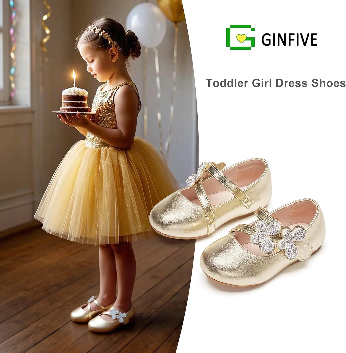 GINFIVE Toddler Girls Mary-Jane Little Girls Slip On Shoes Glitter Ballerina Flats Toddler