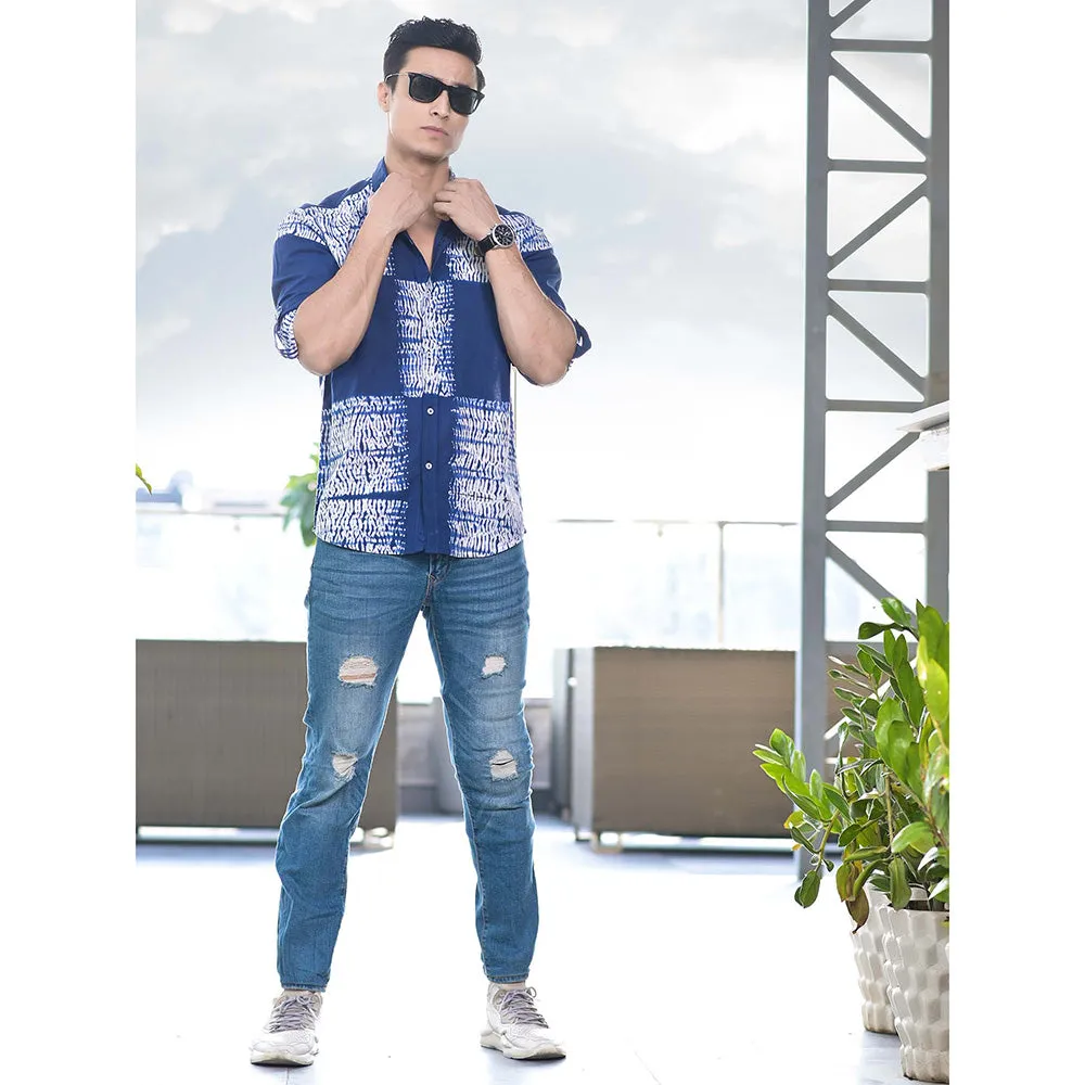 Hatheli Blue Hand Shibori Cotton Shirt