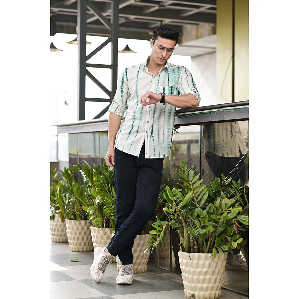 Hatheli White And Green Shibori Cotton Shirt