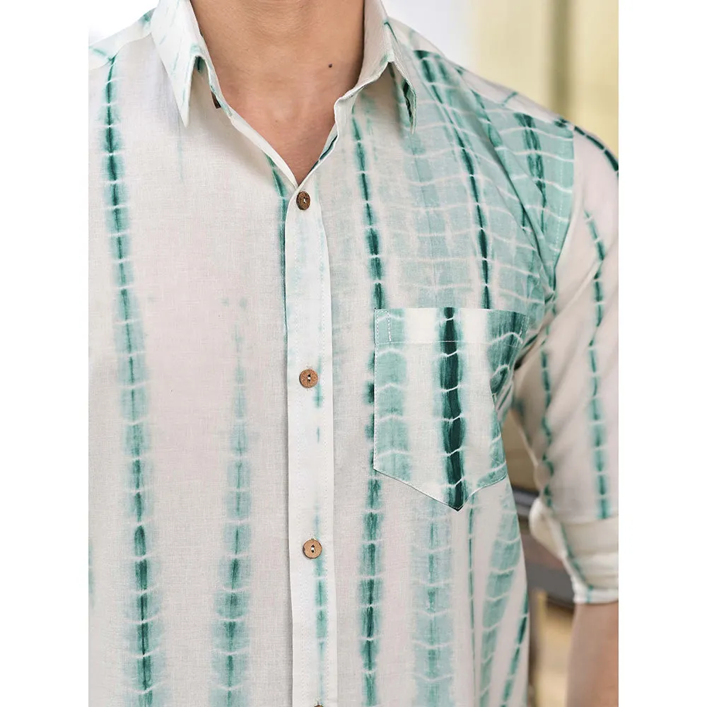 Hatheli White And Green Shibori Cotton Shirt
