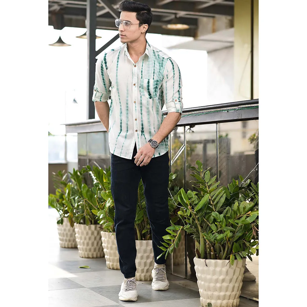 Hatheli White And Green Shibori Cotton Shirt
