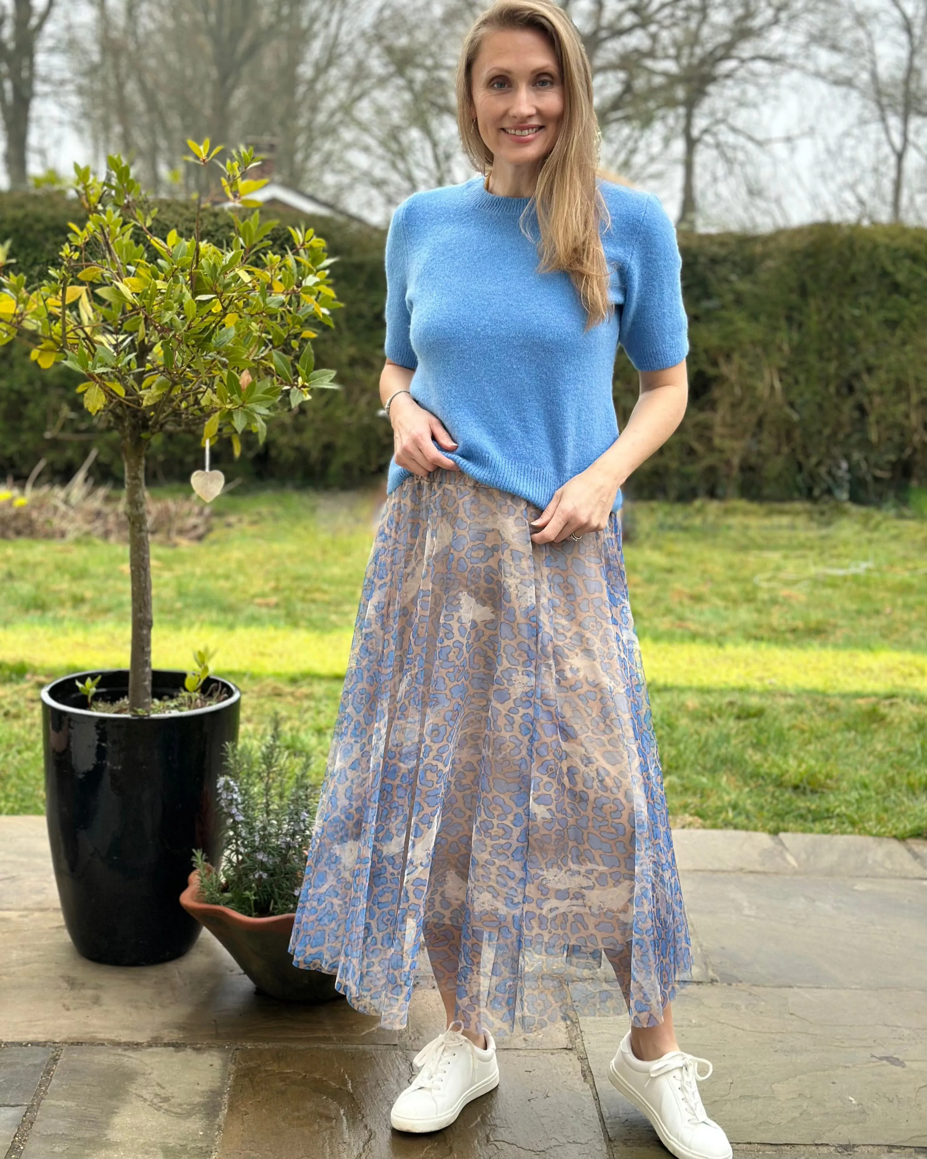 Long Pleated Tulle Skirt In Leopard Print - Blue