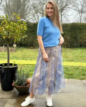 Long Pleated Tulle Skirt In Leopard Print - Blue