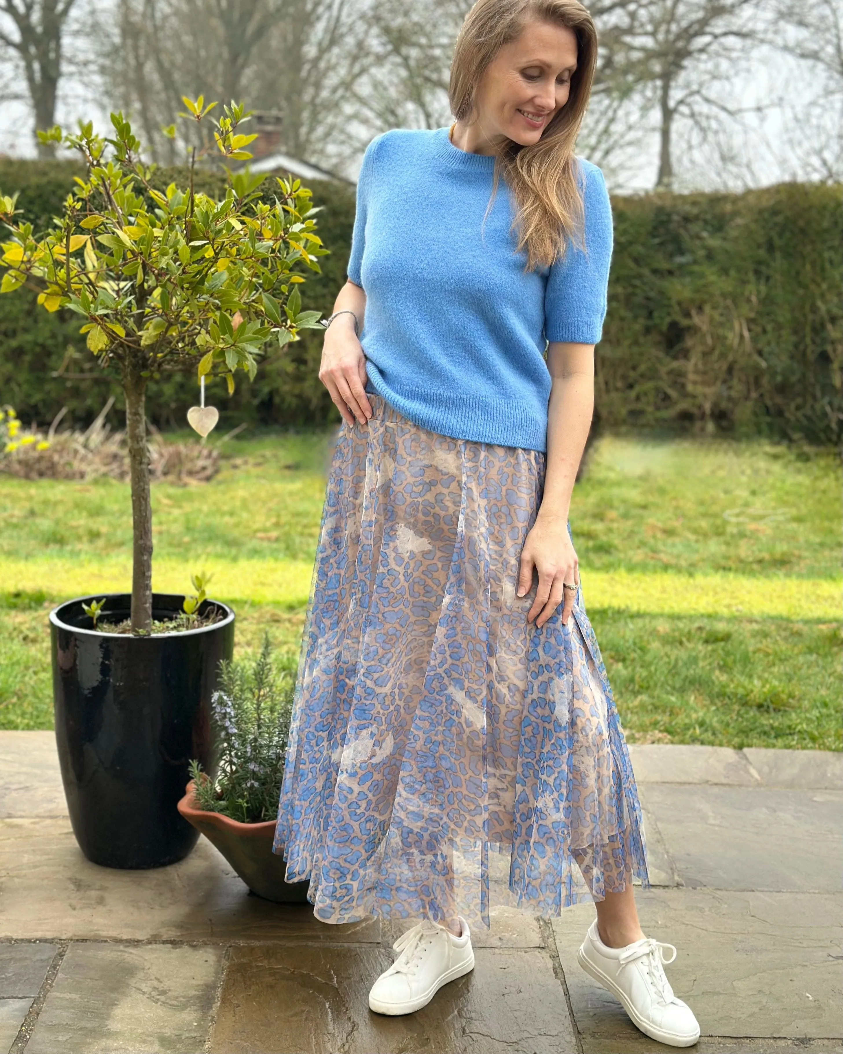 Long Pleated Tulle Skirt In Leopard Print - Blue