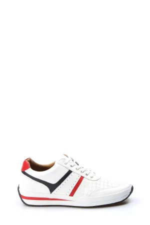 Men's White Leather Sneakers with Red and Blue Stripes - Wessi