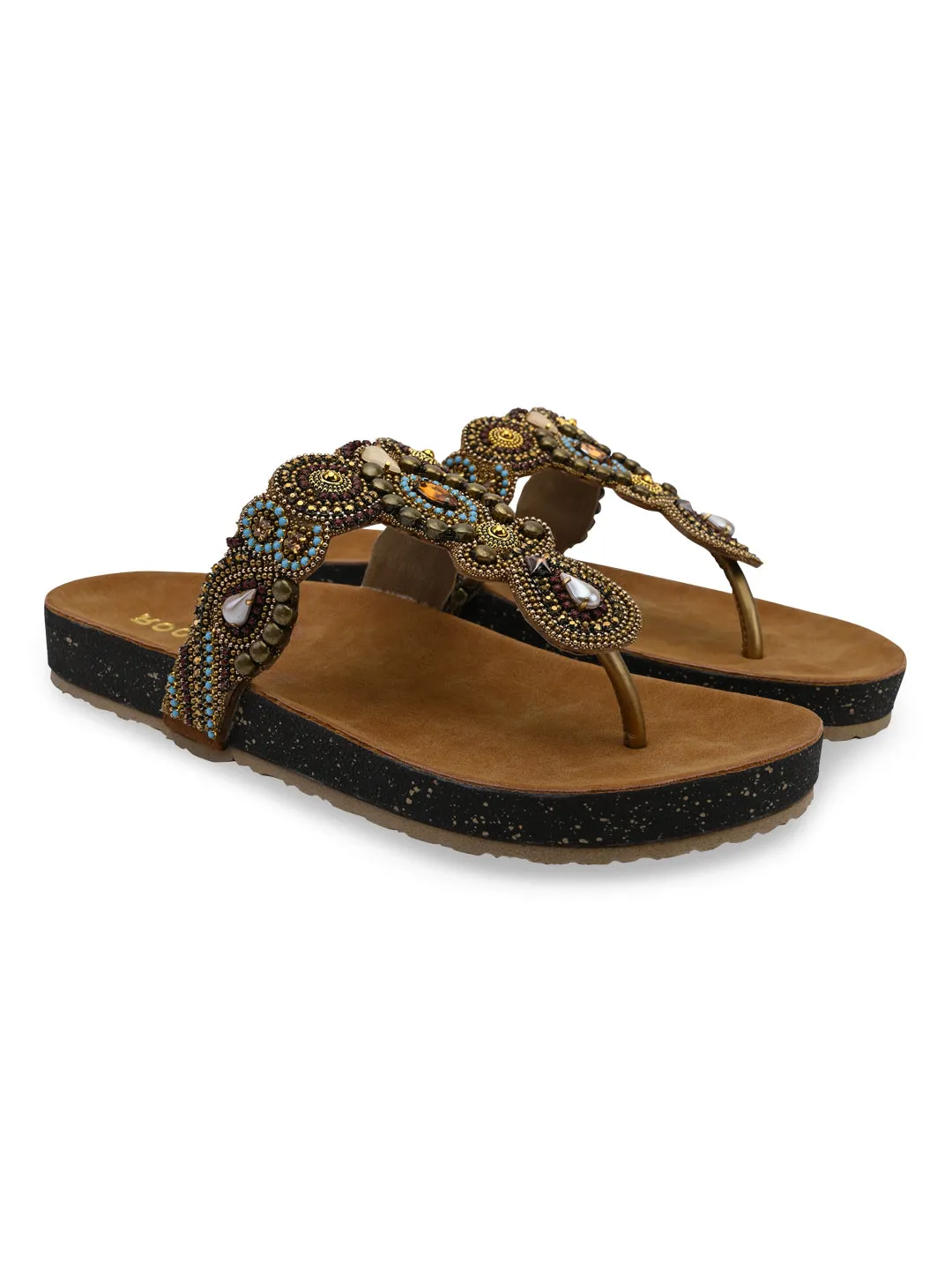 Rocia By Regal Antique Gold Women Embroidered Flats