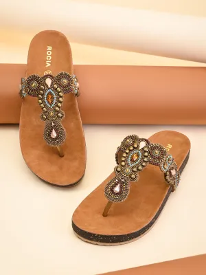 Rocia By Regal Antique Gold Women Embroidered Flats