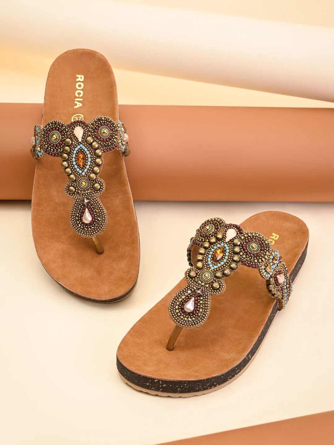 Rocia By Regal Antique Gold Women Embroidered Flats