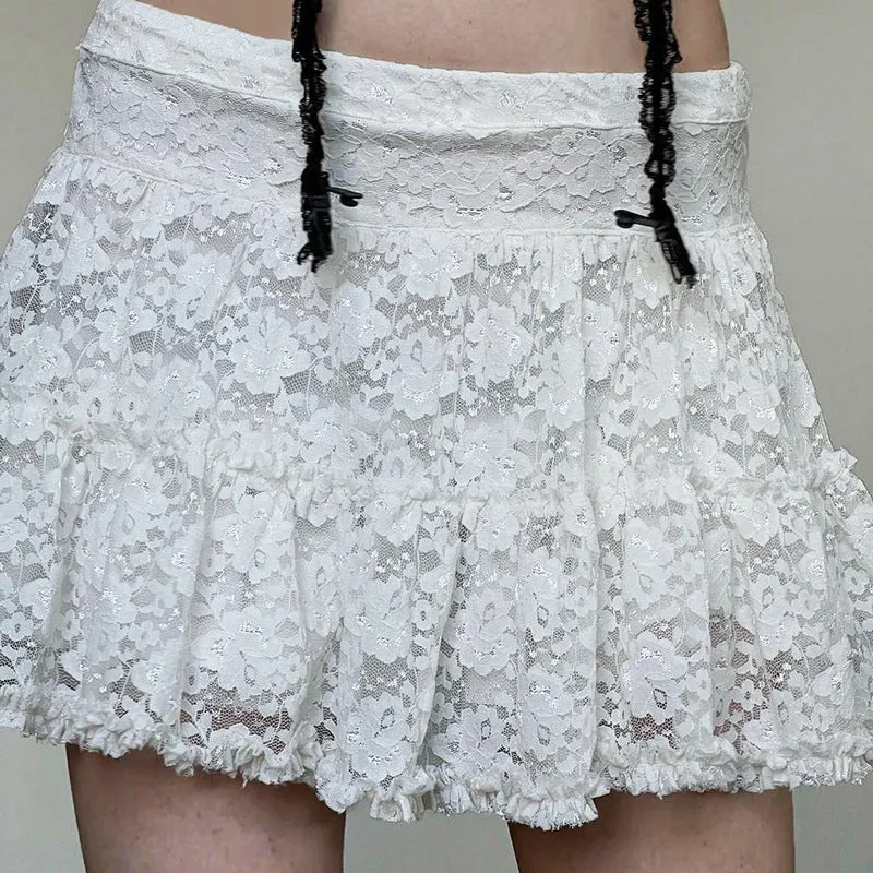 Sensual Lace Pleated Low Waist A-line Hem Mini Skirt