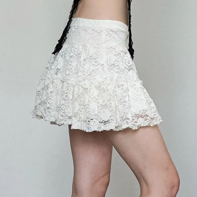 Sensual Lace Pleated Low Waist A-line Hem Mini Skirt