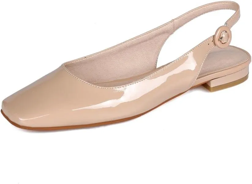 Slingback Flats for Women Square Toe Flat Low Heel Block Sandals Slip on Causal Walking Slide Shoes