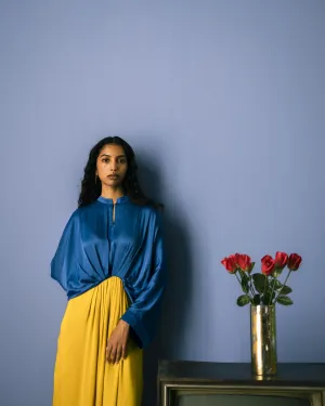 Studio Rigu   I   Claredon Half And Half Long Dress Plain Hand Dyed Vegan Silk Blue- Lime Green Srch033