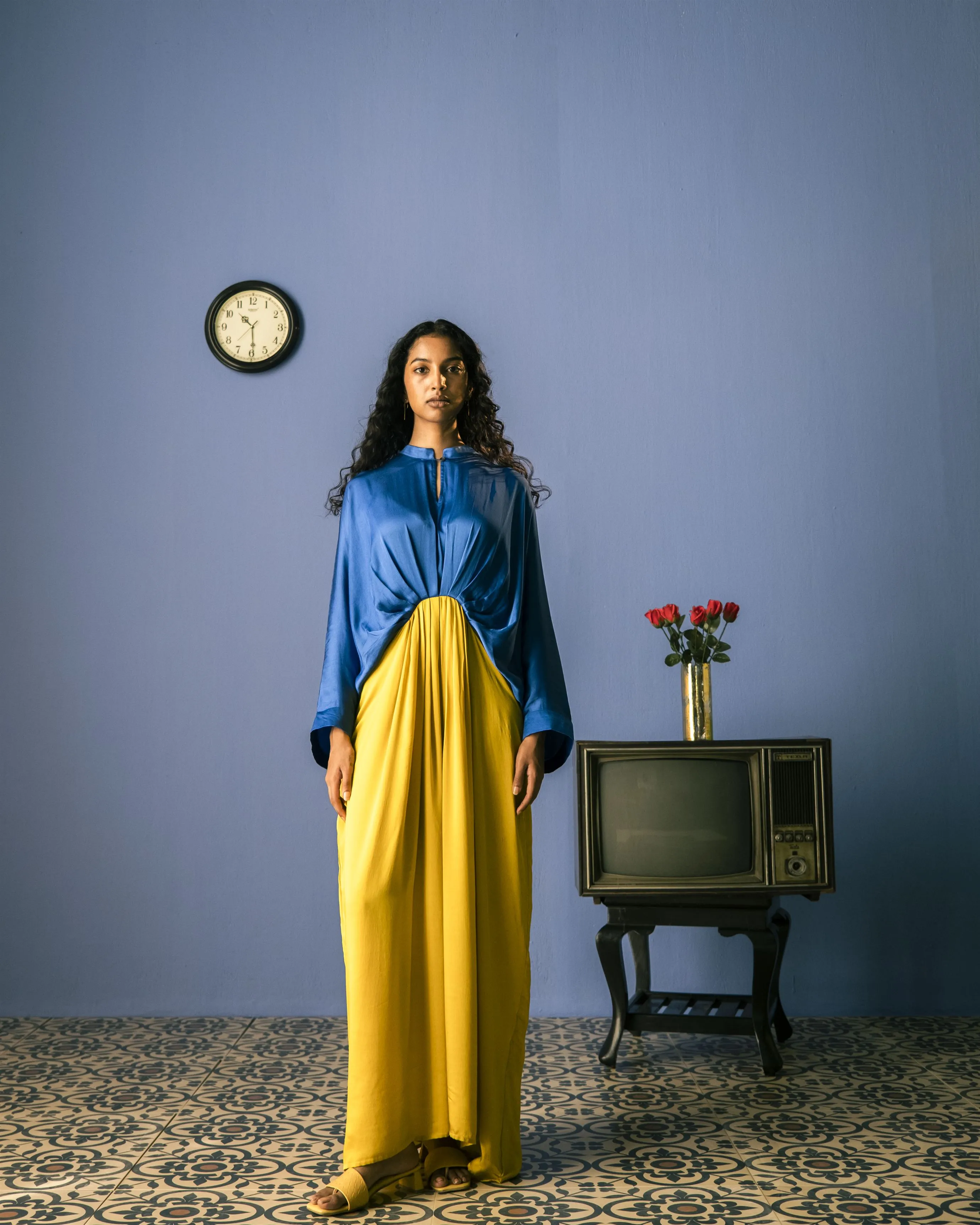 Studio Rigu   I   Claredon Half And Half Long Dress Plain Hand Dyed Vegan Silk Blue- Lime Green Srch033