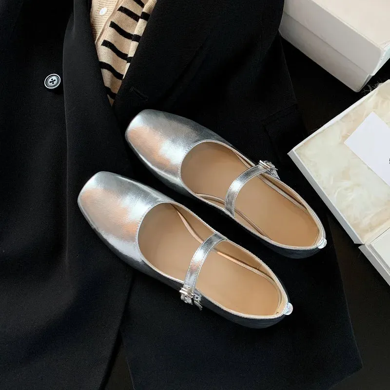 TAVIMART  -  Casual Women Flats Spring Summer Office Ladies Silver Metal Color Mary Janes Shoes Woman Retro Style Concise Comfortable Flats