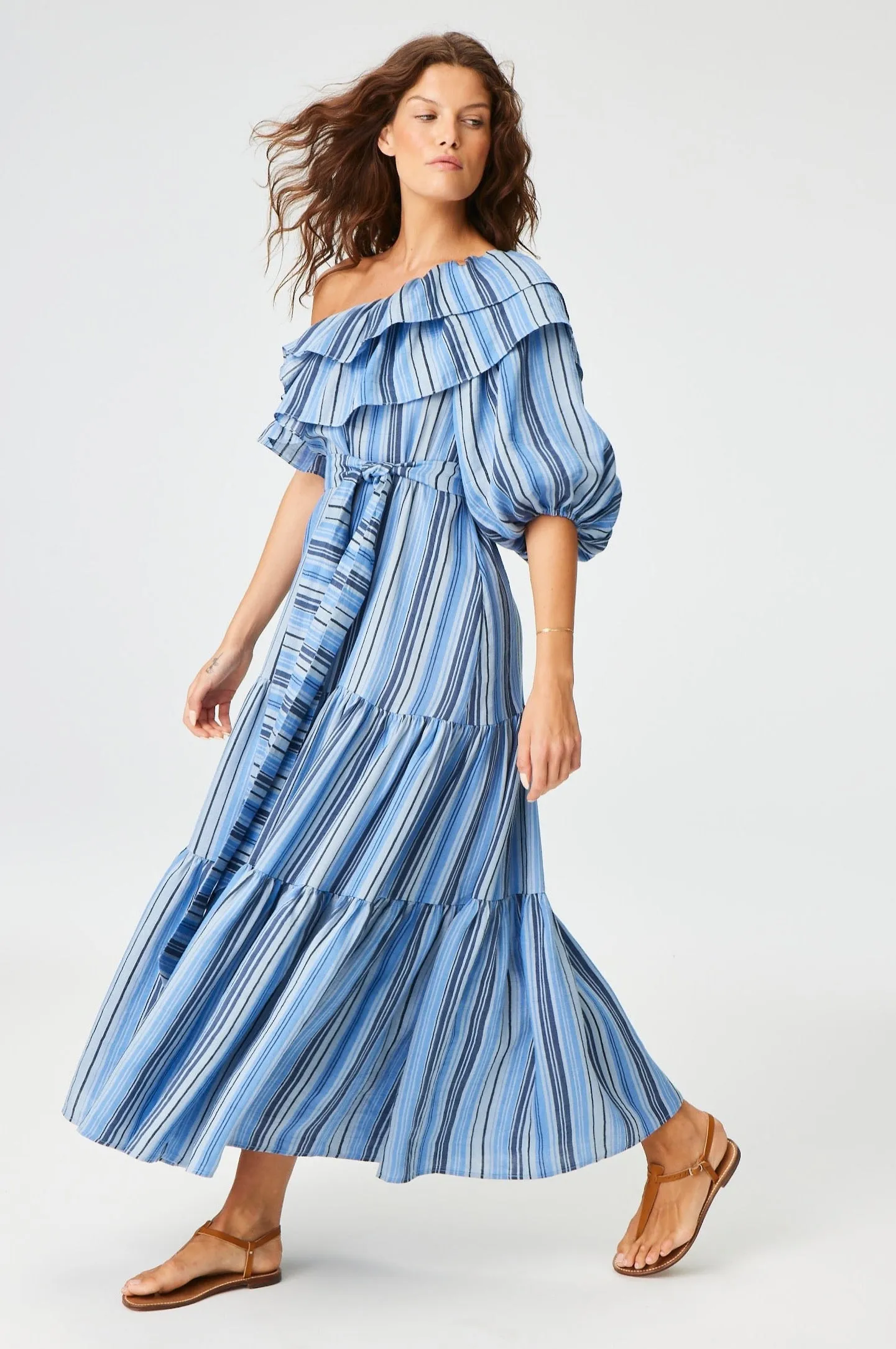 THE ARDEN DRESS in SEA STRIPED LINEN