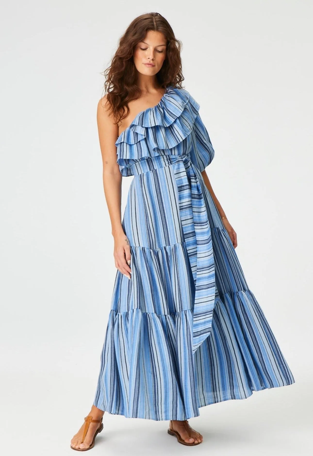 THE ARDEN DRESS in SEA STRIPED LINEN