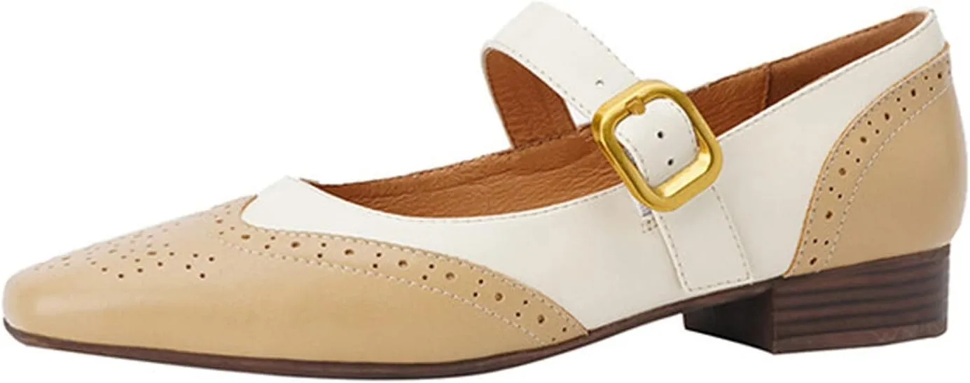 U-lite Women's Mary Jane Leather Flats Ballet Dress Shoes Square Toe Slip On Vintage Casual Style