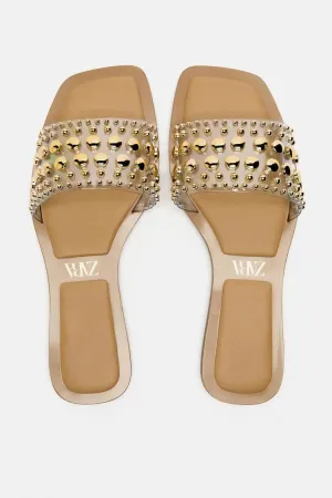 VINYL SLIDER SANDALS WITH STUDS - GOLDEN
