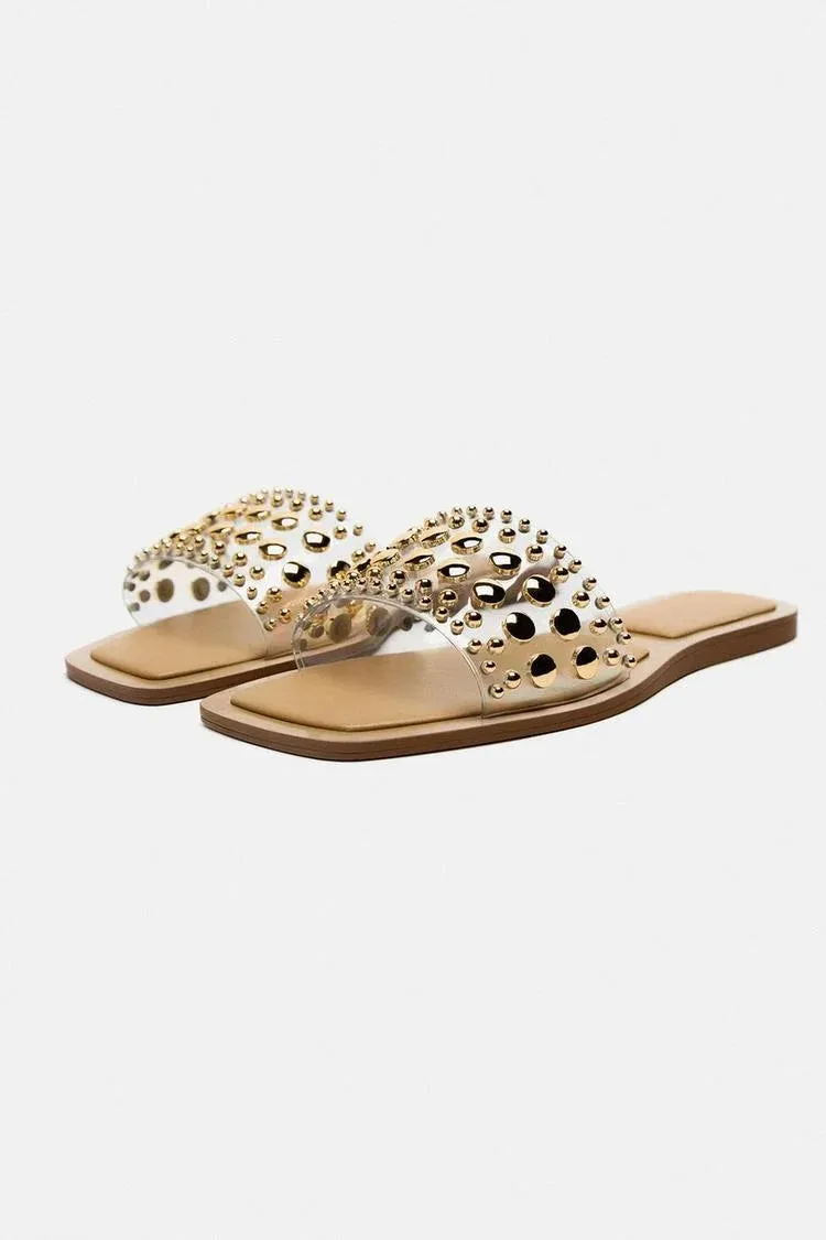 VINYL SLIDER SANDALS WITH STUDS - GOLDEN