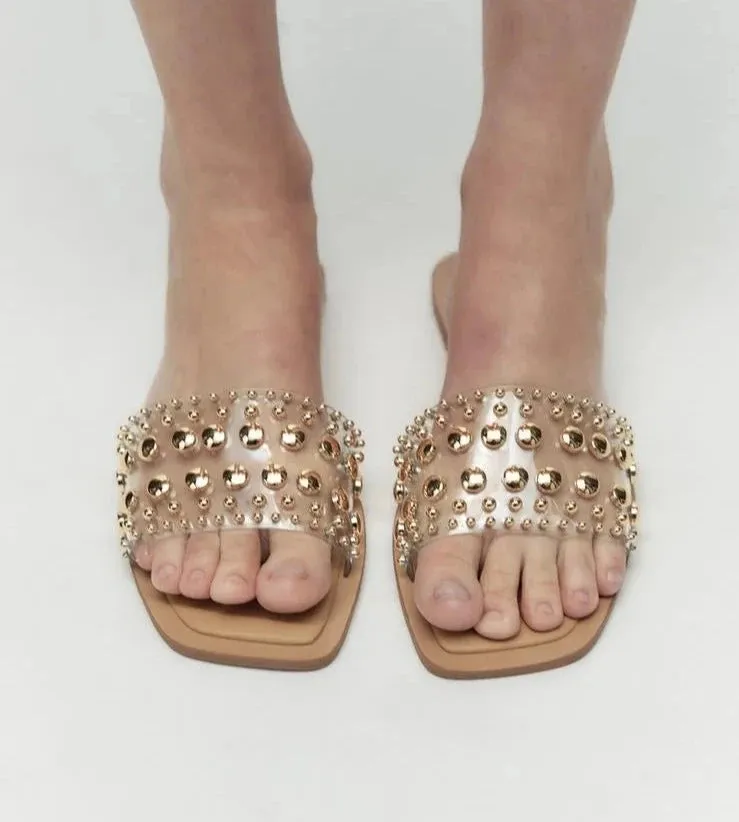VINYL SLIDER SANDALS WITH STUDS - GOLDEN