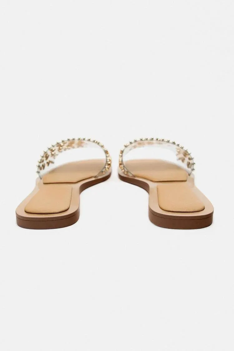 VINYL SLIDER SANDALS WITH STUDS - GOLDEN