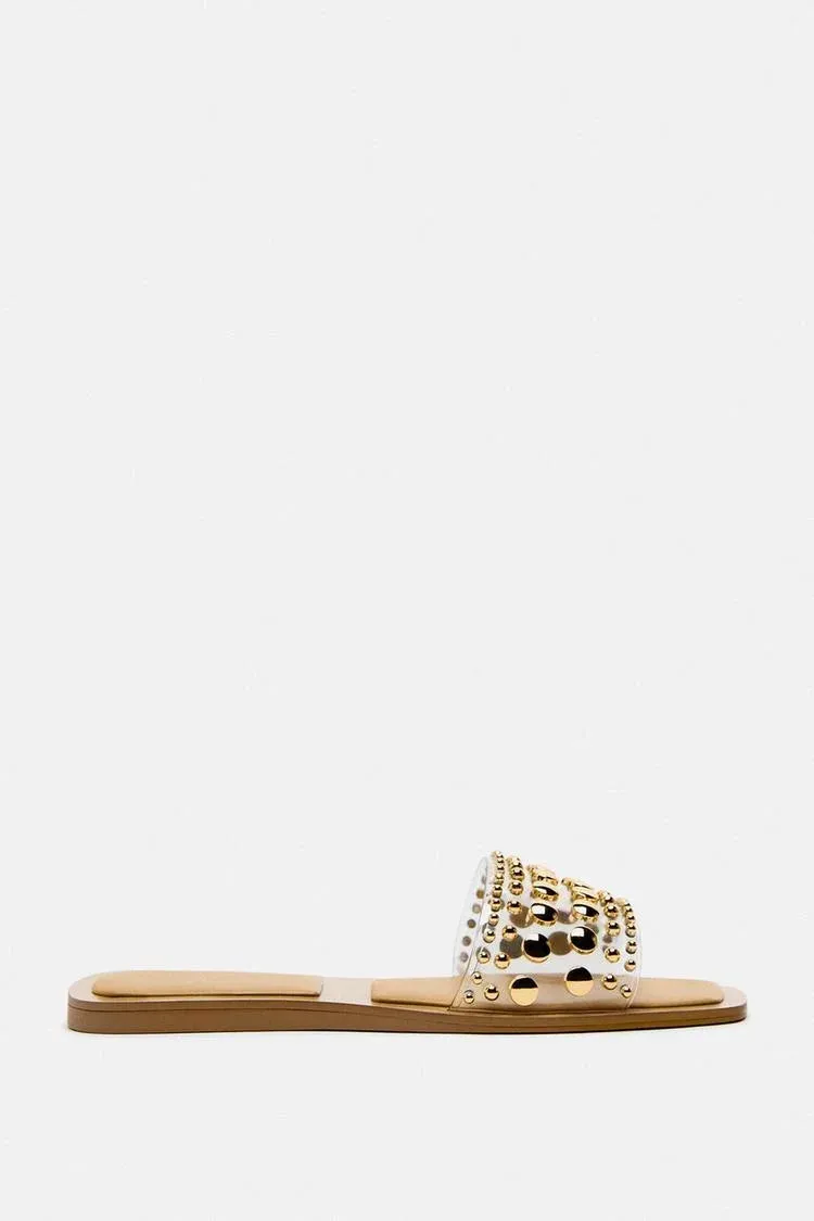 VINYL SLIDER SANDALS WITH STUDS - GOLDEN