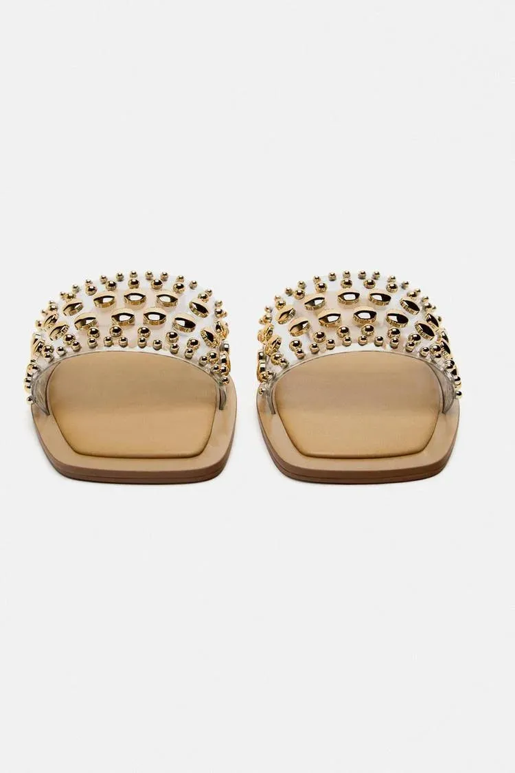 VINYL SLIDER SANDALS WITH STUDS - GOLDEN