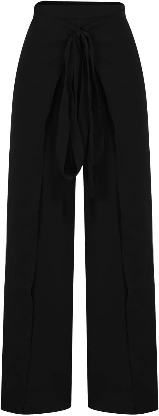 Wide Leg Pants for Women High Waist Tie Knot Front Split Flowy Palazzo Pant Dressy Casual Loose Comfy Lounge Trousers
