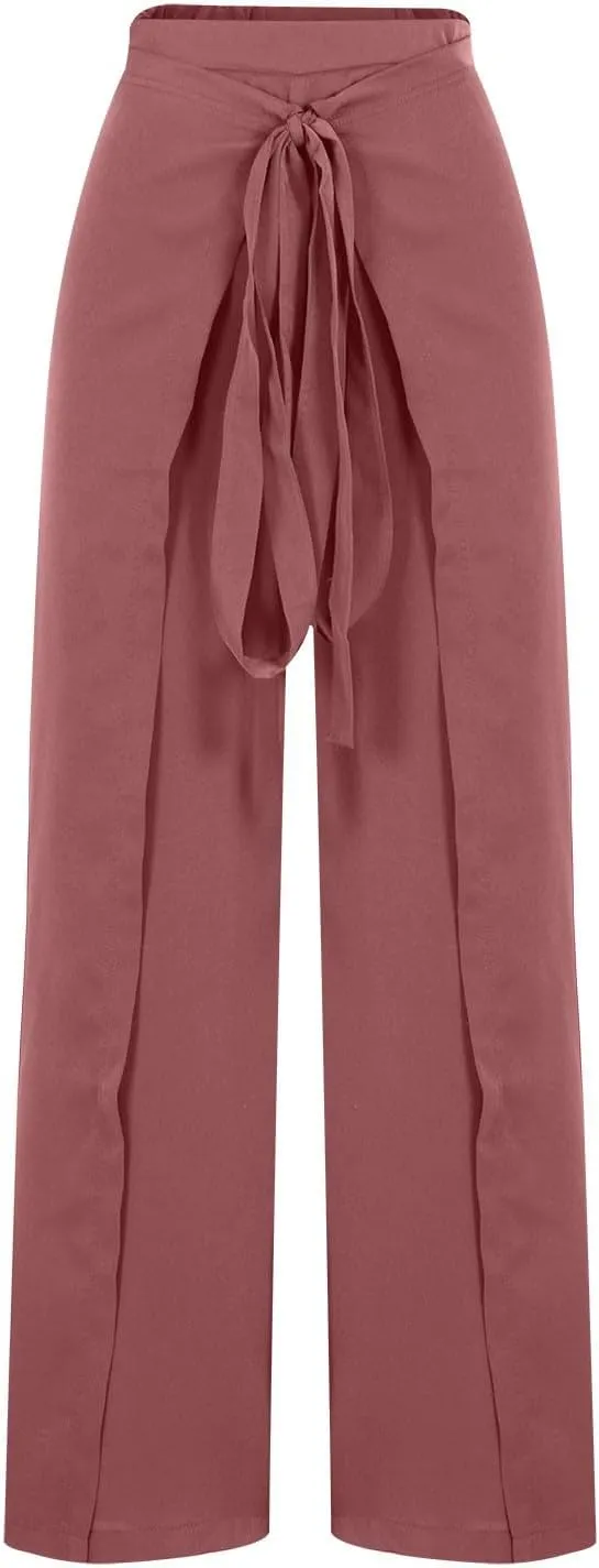 Wide Leg Pants for Women High Waist Tie Knot Front Split Flowy Palazzo Pant Dressy Casual Loose Comfy Lounge Trousers