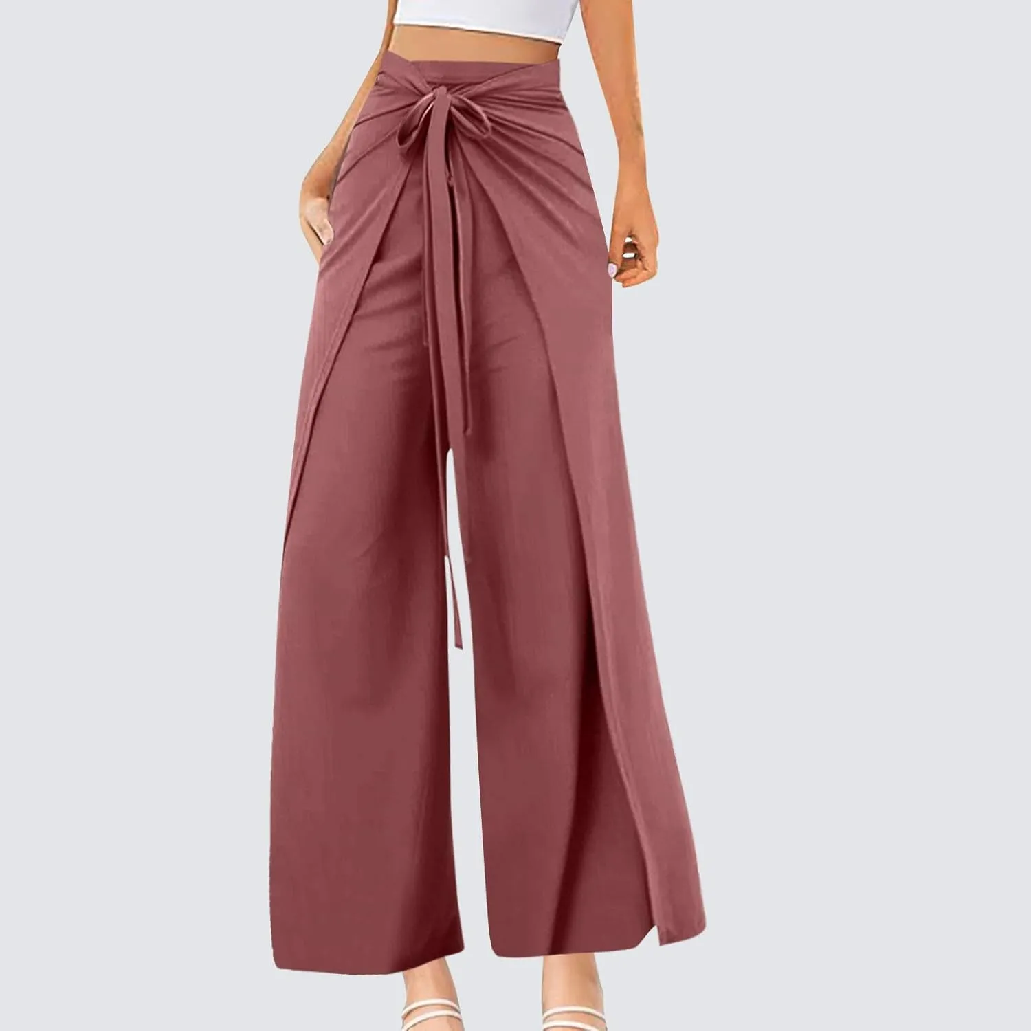 Wide Leg Pants for Women High Waist Tie Knot Front Split Flowy Palazzo Pant Dressy Casual Loose Comfy Lounge Trousers