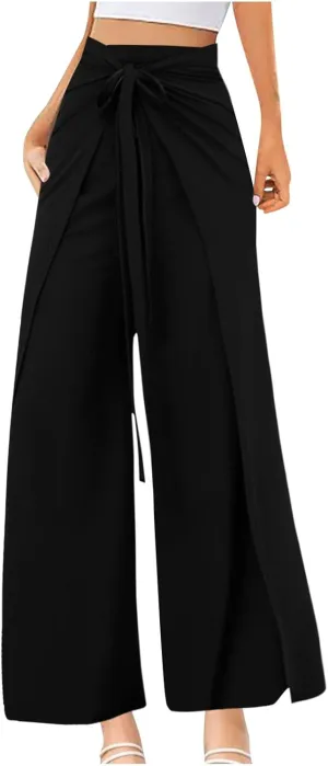 Wide Leg Pants for Women High Waist Tie Knot Front Split Flowy Palazzo Pant Dressy Casual Loose Comfy Lounge Trousers