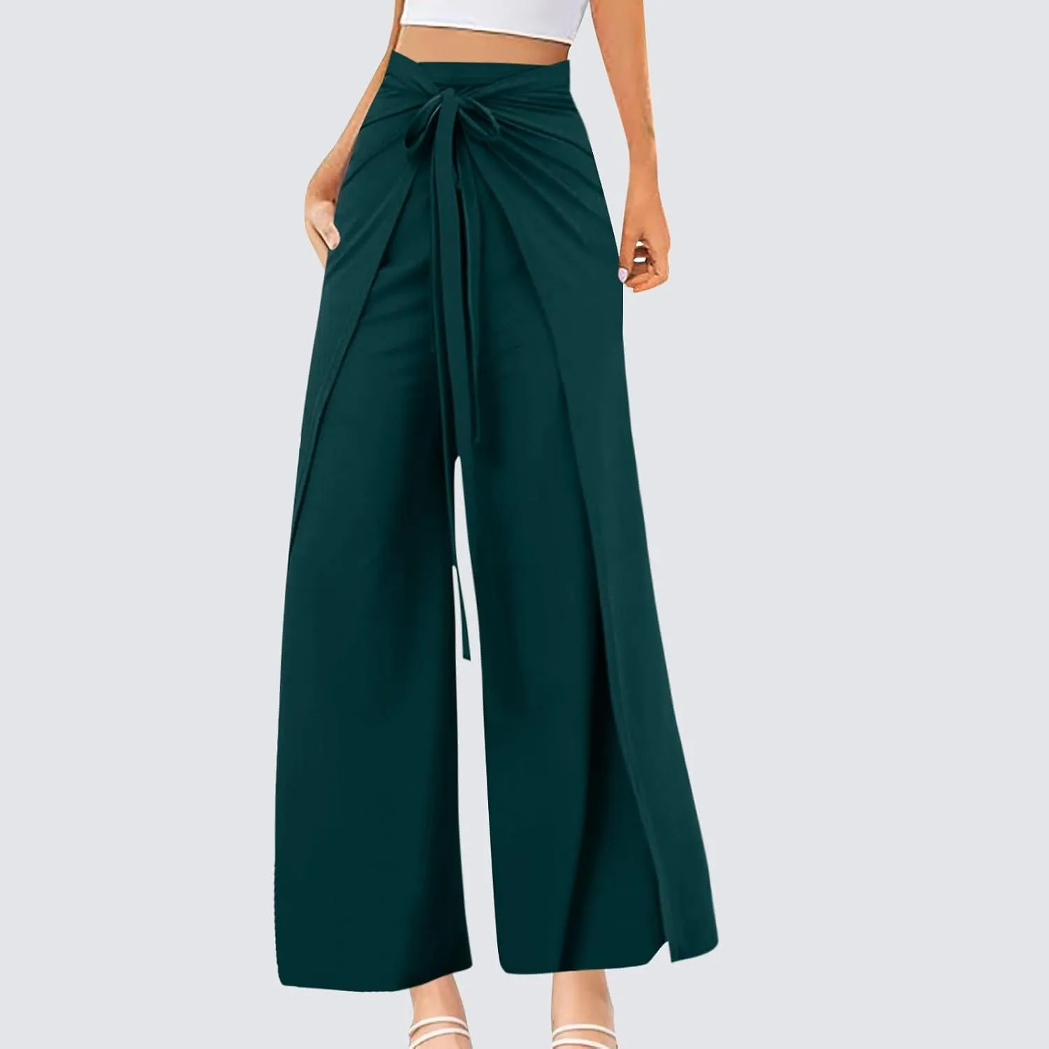 Wide Leg Pants for Women High Waist Tie Knot Front Split Flowy Palazzo Pant Dressy Casual Loose Comfy Lounge Trousers
