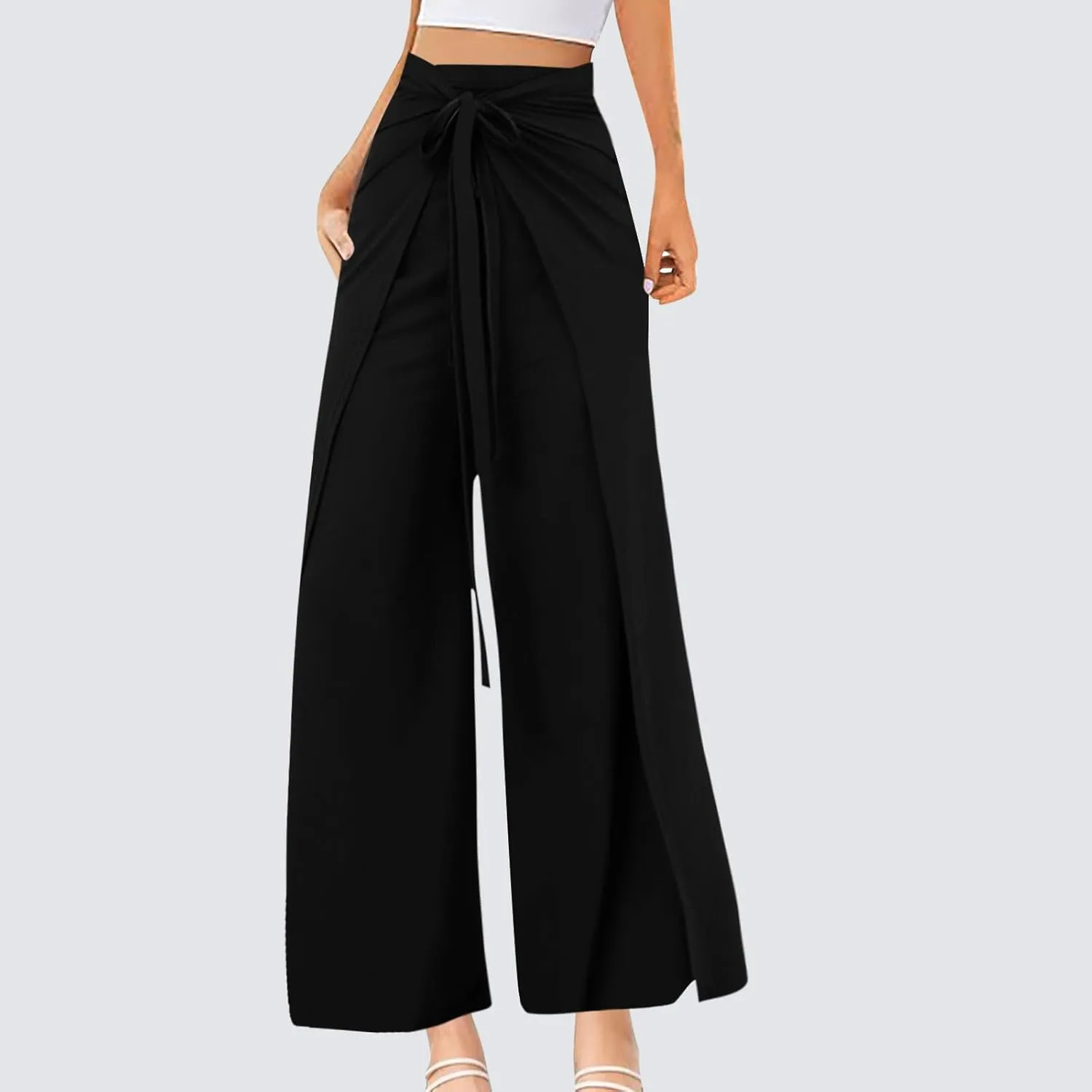 Wide Leg Pants for Women High Waist Tie Knot Front Split Flowy Palazzo Pant Dressy Casual Loose Comfy Lounge Trousers