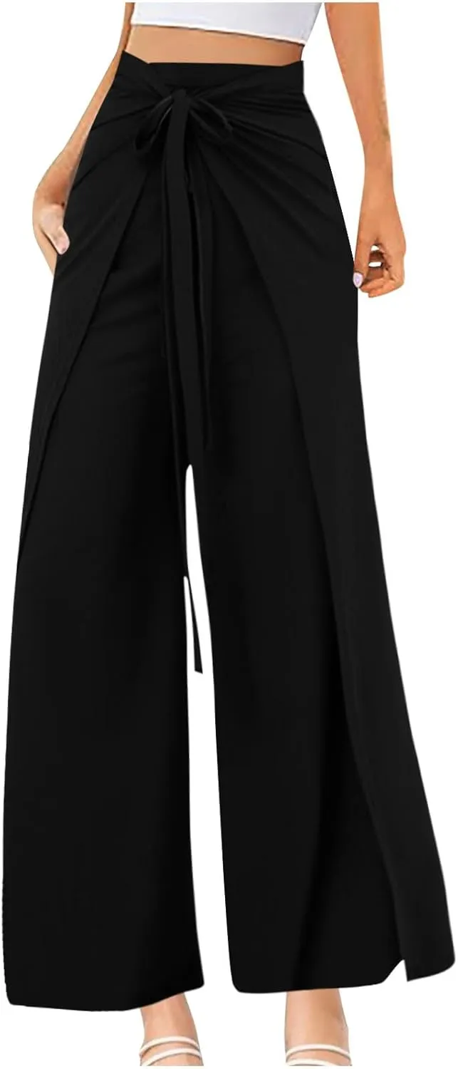 Wide Leg Pants for Women High Waist Tie Knot Front Split Flowy Palazzo Pant Dressy Casual Loose Comfy Lounge Trousers