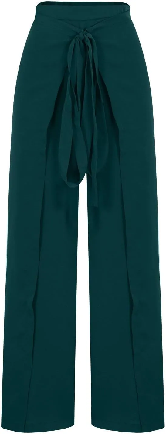 Wide Leg Pants for Women High Waist Tie Knot Front Split Flowy Palazzo Pant Dressy Casual Loose Comfy Lounge Trousers