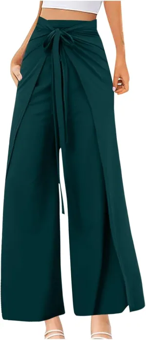 Wide Leg Pants for Women High Waist Tie Knot Front Split Flowy Palazzo Pant Dressy Casual Loose Comfy Lounge Trousers